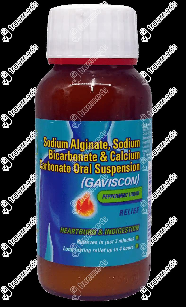 A brown bottle of Gaviscon peppermint liquid heartburn and indigestion relief.