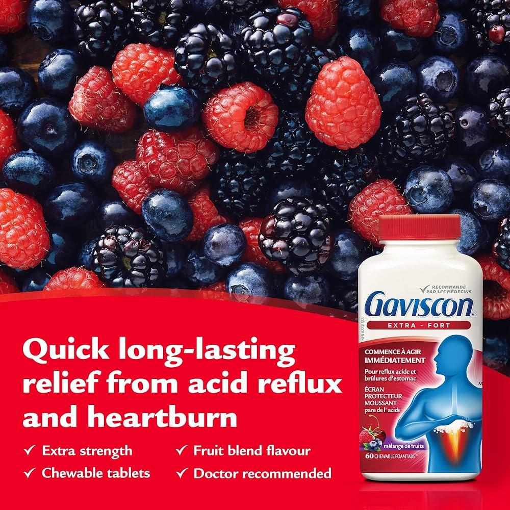 A bottle of purple Gaviscon Extra Fort chewable tablets next to a pile of red fruit.