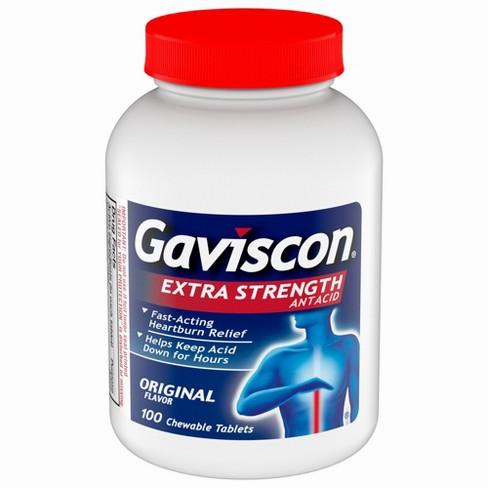 A white bottle of Gaviscon Extra Strength antacid tablets.