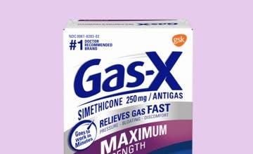 Purple and blue box of Gas-X antigas maximum strength simethicone tablets.