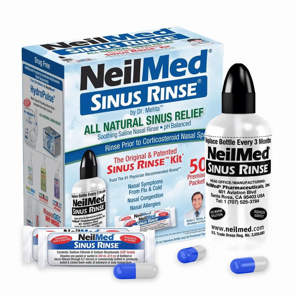A box of NeilMed Sinus Rinse, a nasal wash kit that provides relief from nasal congestion, allergies, and other sinus issues.