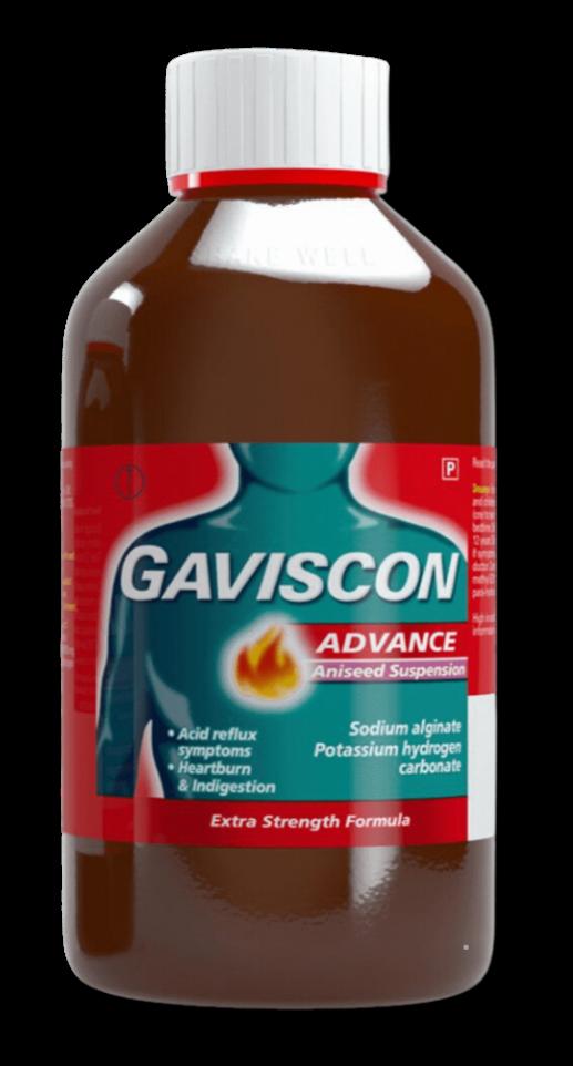 A brown bottle of Gaviscon Advance Aniseed Suspension, an extra strength formula for heartburn and indigestion.
