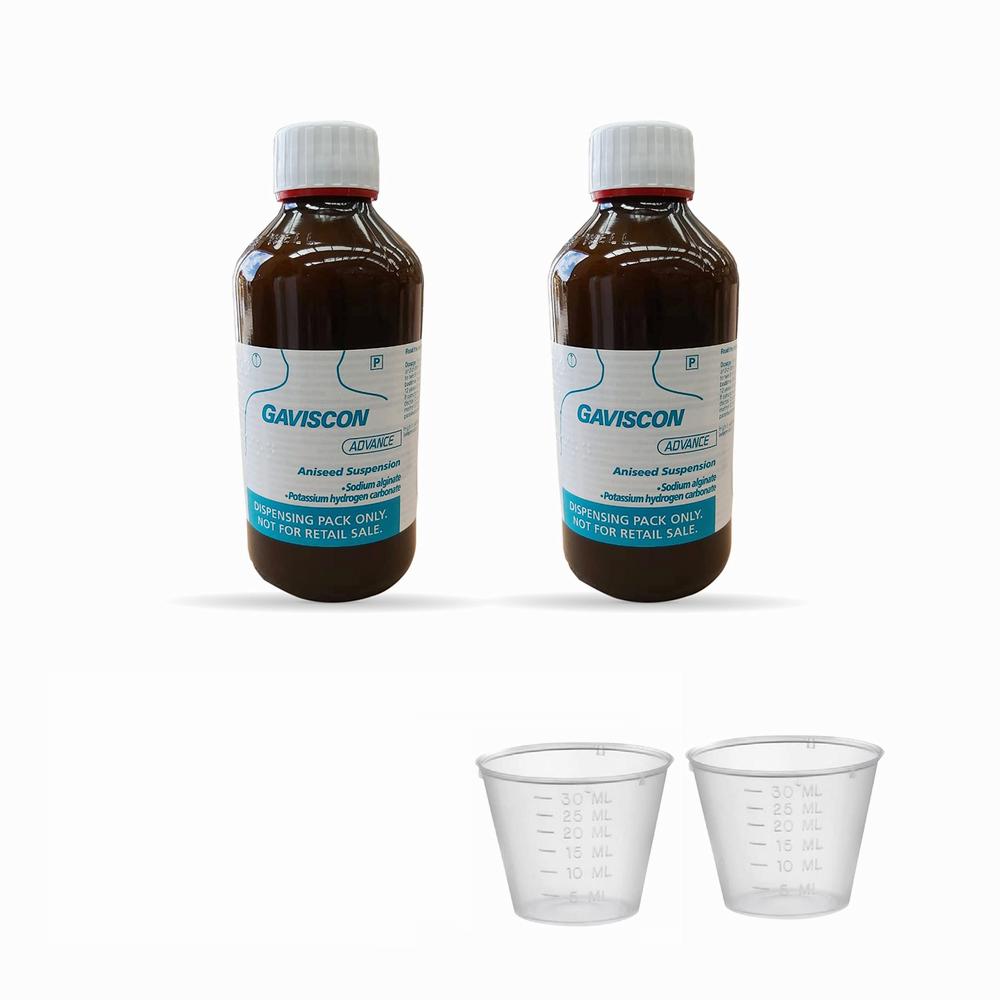 Two brown glass bottles of Gaviscon Advance Aniseed Suspension, each with a white plastic measuring cup.