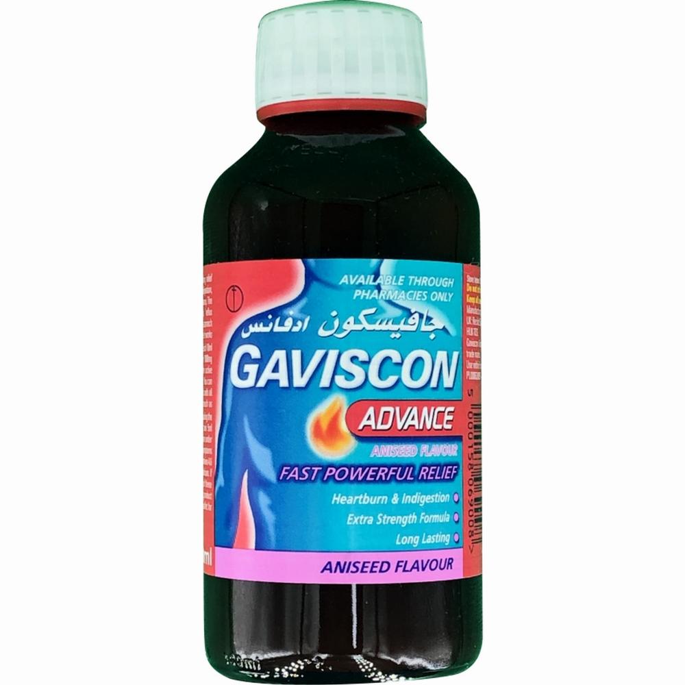 A brown bottle of Gaviscon Advance aniseed flavour liquid.