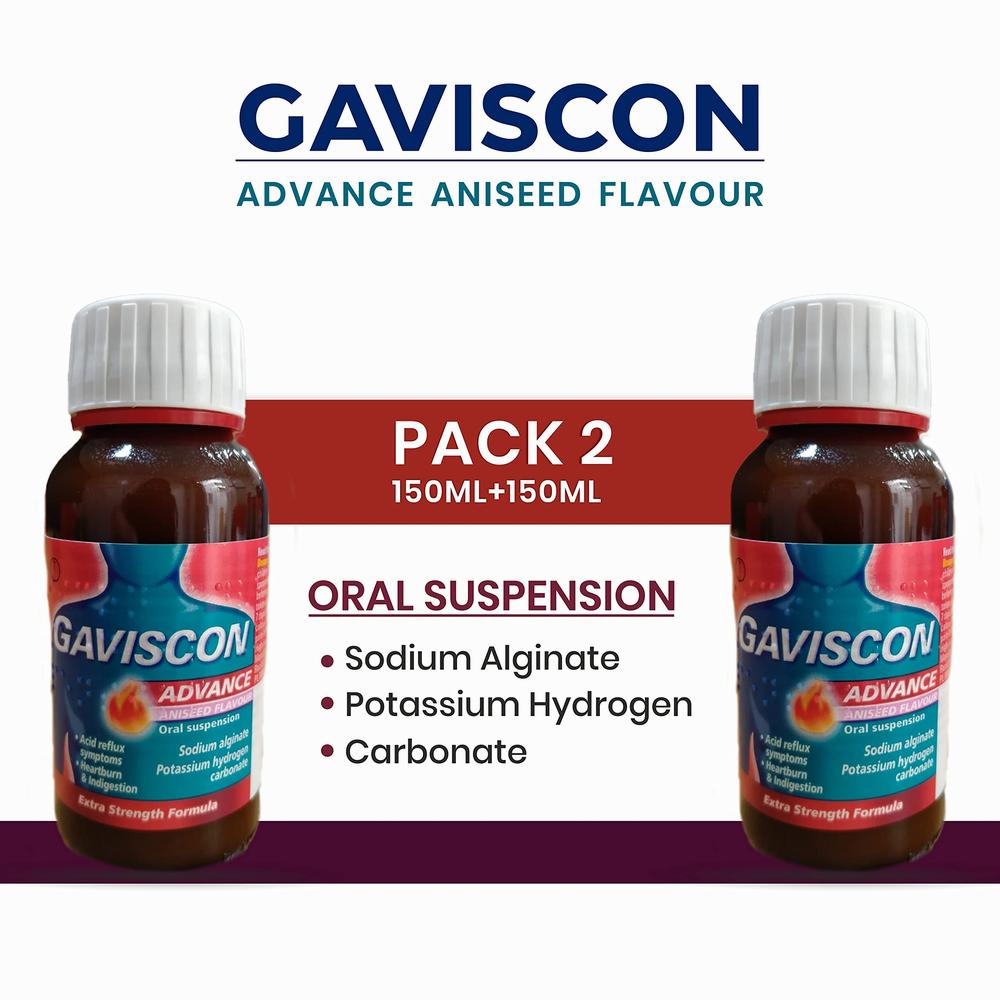Two bottles of Gaviscon Advance Aniseed Flavour oral suspension, a medication for acid reflux symptoms, heartburn, and indigestion.